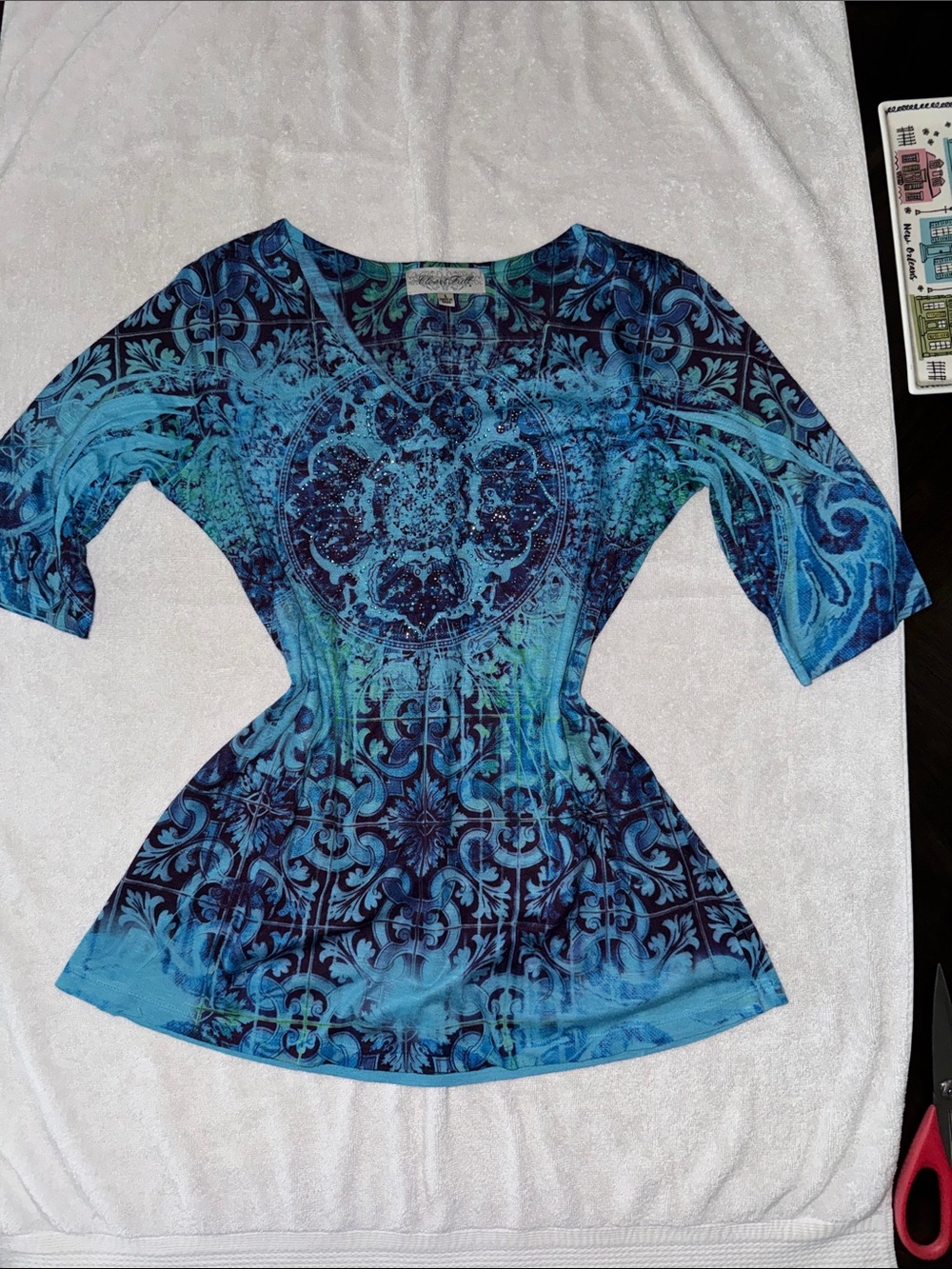Closet Full Blue & Teal Patterned V-Neck Tunic